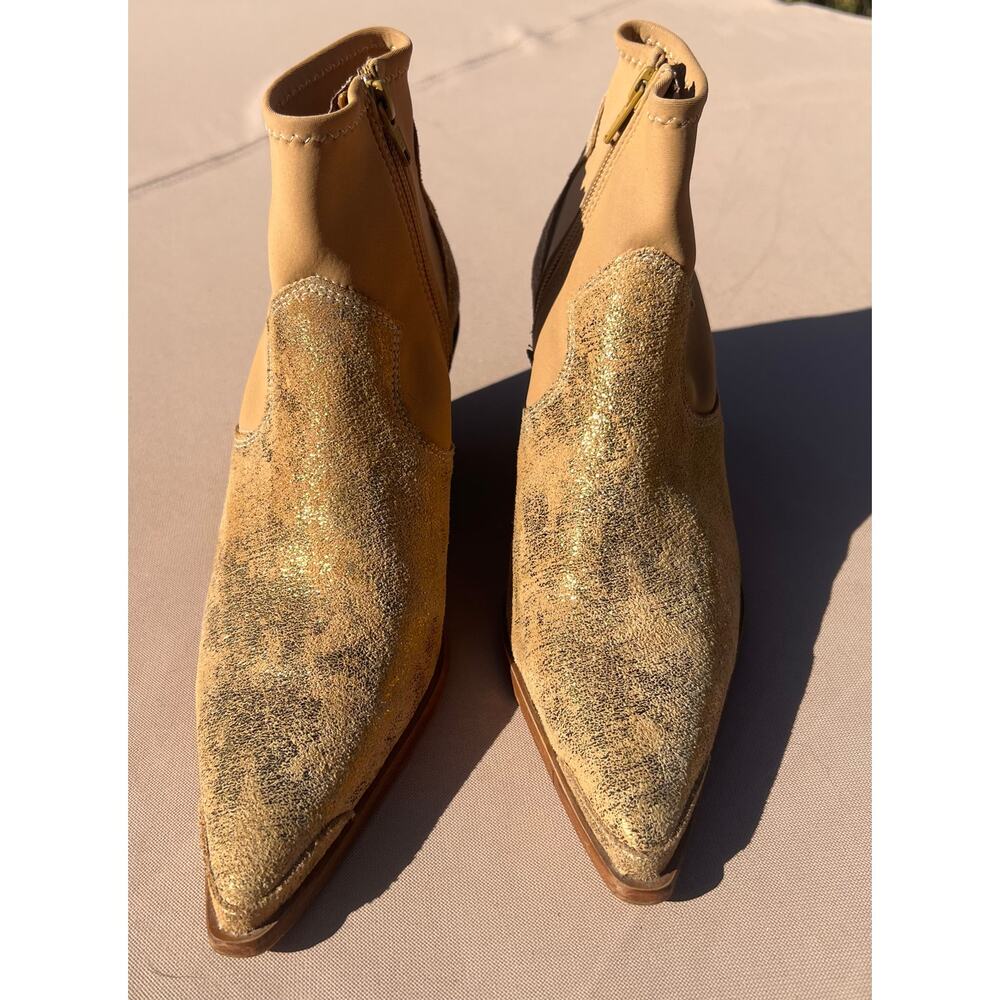 Free People Jackson West Gold Leather Western
 Flair Block Heel Ankle Boot Sz 37